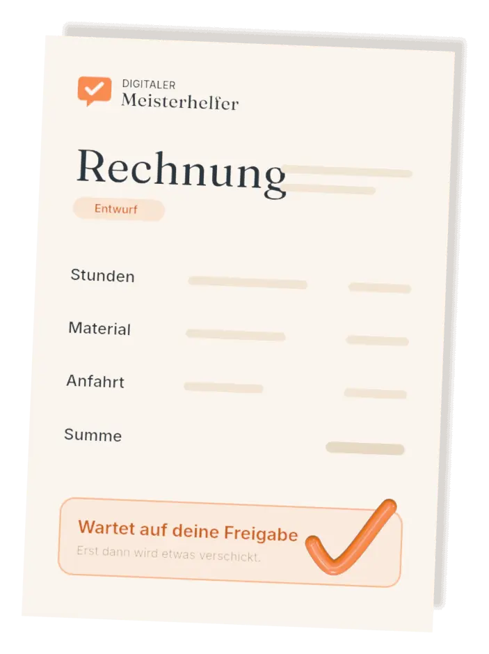 Beispielbild: Rechnungsentwurf von oben mit den Zeilen Stunden, Material, Anfahrt (ohne Beträge) und einem orangen Haken bei „Wartet auf deine Freigabe“